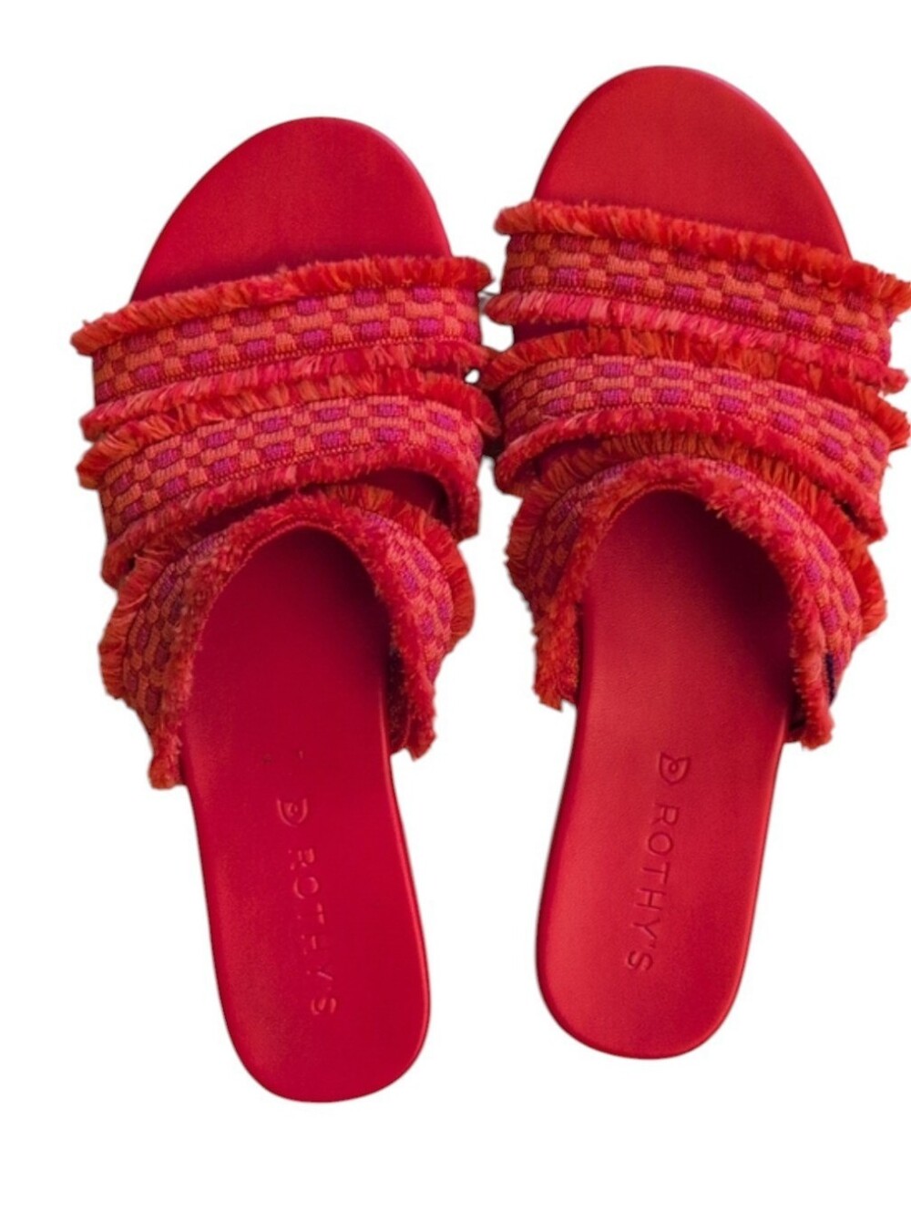 Rothy’s Triple Band Fringe Slide Sandals Size 8 Bright Red pink & orange